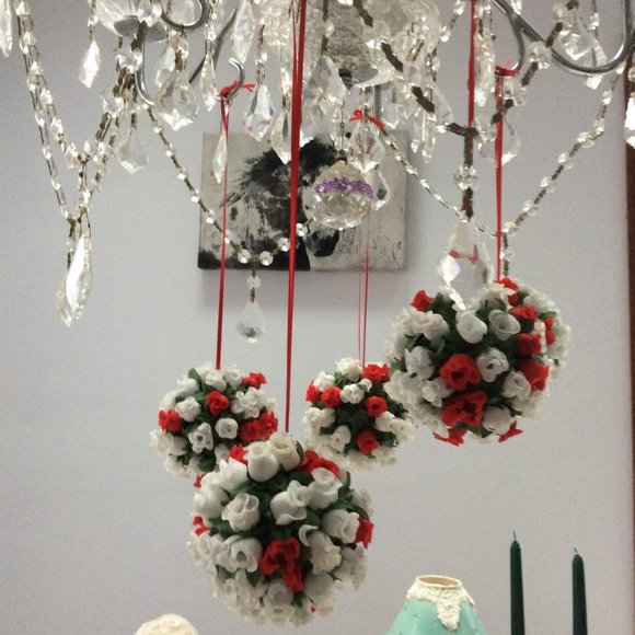 Victorian Red & White Tea Rose Hand Made Holiday Decorations - Picture 2 of 6